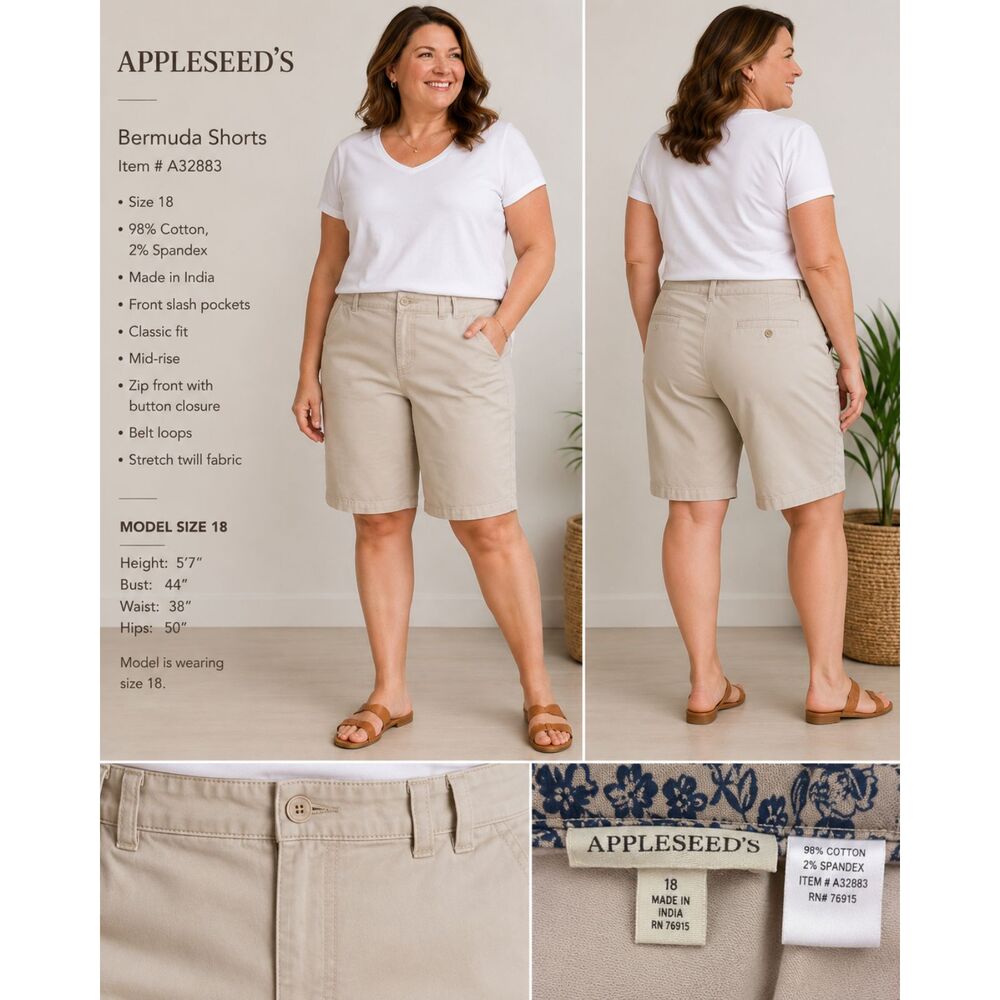 Appleseed's Size 18 Khaki Bermuda Shorts Stretch Cotton Elastic Waist Coastal